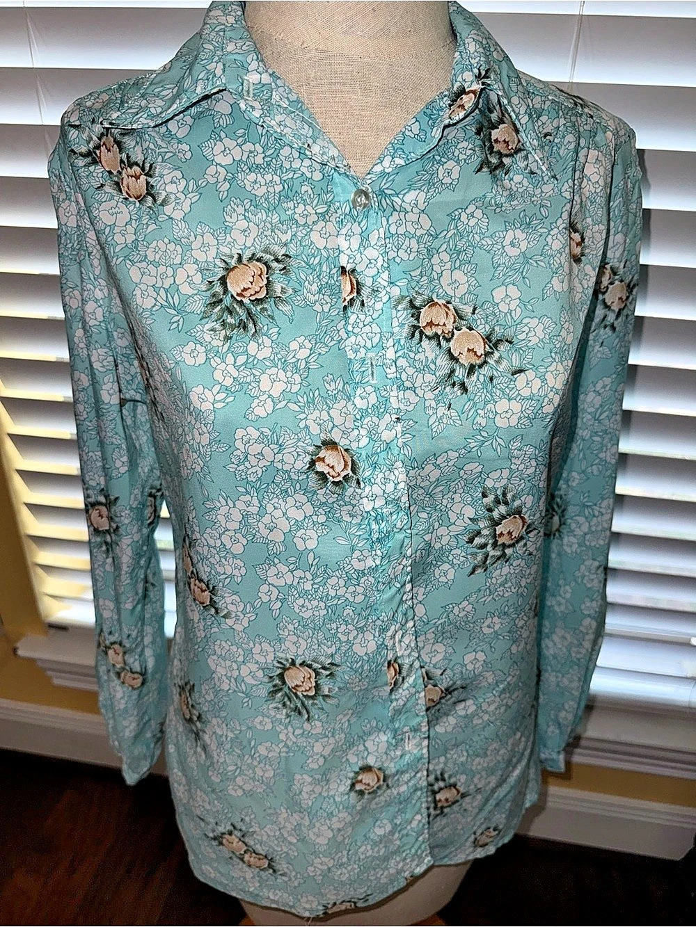 Vintage Personalite Floral Button Down Blouse in Blue & Pink Size 12